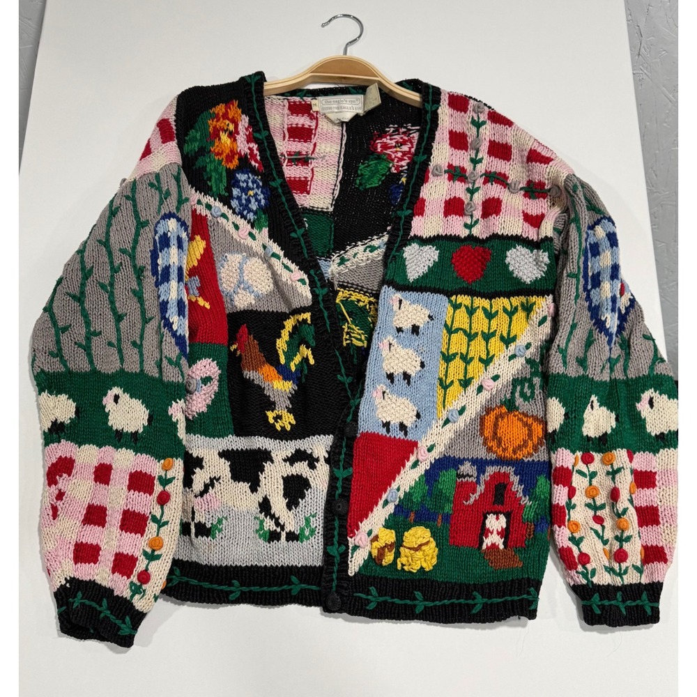 VTG Farm Theme Grandma Cardigan Cottagecore 1990 Eagle Eye Knit Sweater